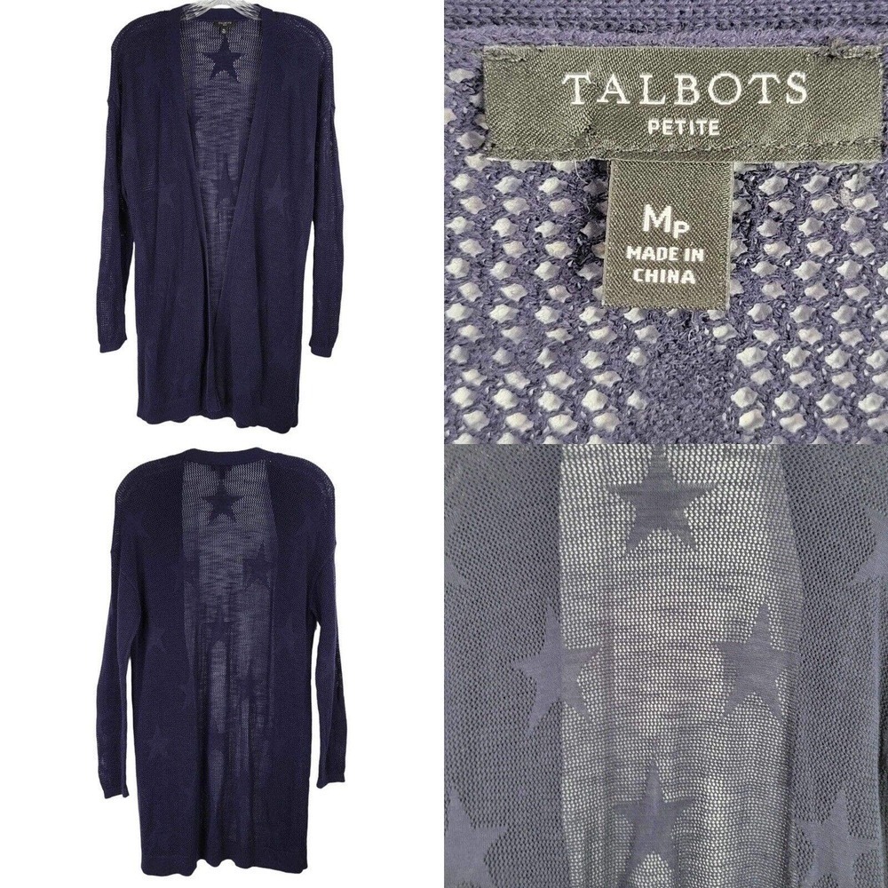Talbots Cardigan Sweater Womens Size MP Open Front Star Print Patriotic Coastal